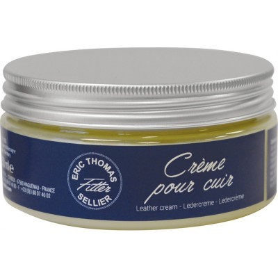 Recipiente de creme para couro com rótulo azul e tampa prateada