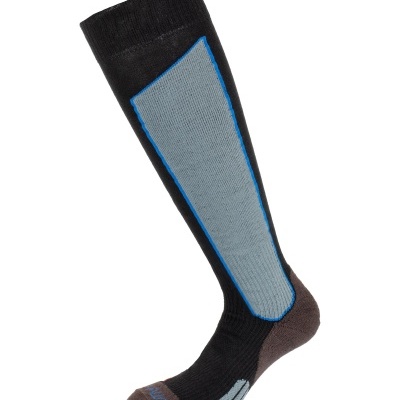 Meia desportiva comprida preto, castanho e cinzento com detalhes azuis