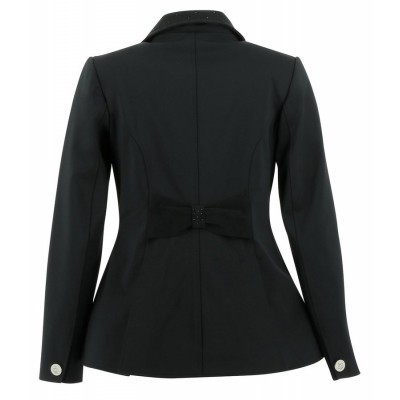 Blazer feminino preto de costas com laço e botões prateados