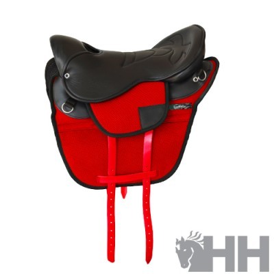 Sela de equitação preta com alforge vermelho e alças vermelhas