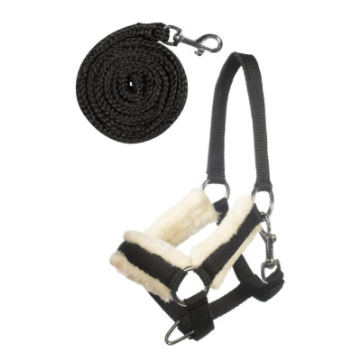 Cabresto e guia para animais em nylon preto com almofadado creme