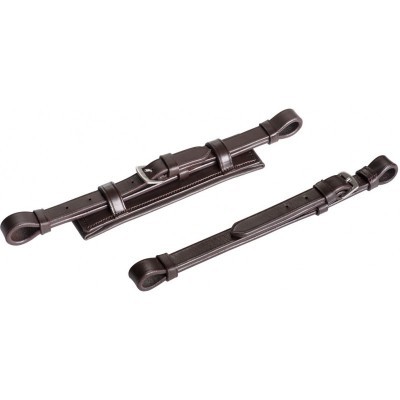 Par de correias de couro castanho escuro com costura branca e fivela metálica