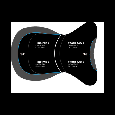 Molde de almofadas de roupa com quatro peças e linhas de corte indicadas.