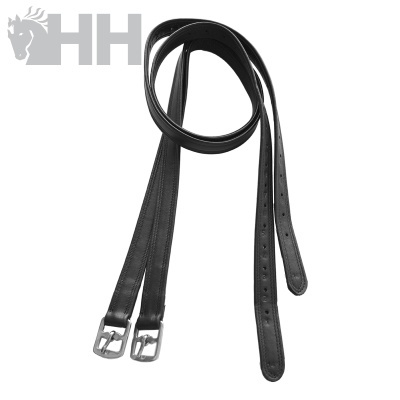 Rédeas pretas em couro com fivelas metálicas e perfurações para ajuste