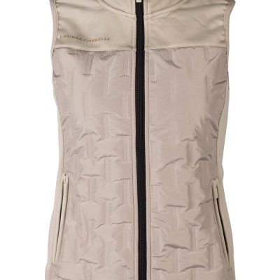 Colete feminino bege com fecho de correr preto e texto LAURIA CARRELLI.
