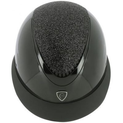 Capacete de equitação preto com superfície superior texturada e emblema prateado