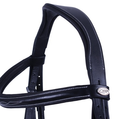 Cabresto de equitação em pele preta com costuras brancas e fivela metálica QHP