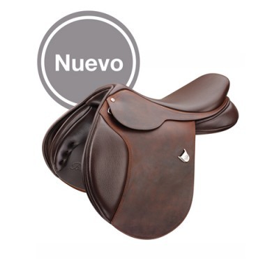 Sela de equitação em couro castanho escuro com marcação 'Nuevo'
