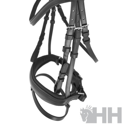 Cabeçada de couro preta para equitação com fivelas metálicas