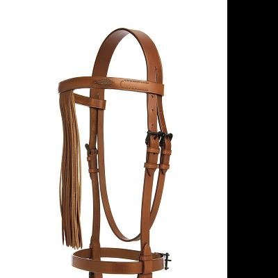 Cabeçada de cavalo em couro castanho com franjas e fivelas