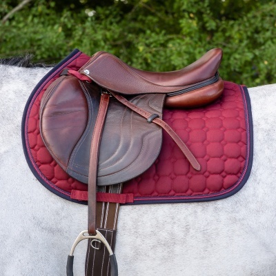 Sela de equitação em pele castanha sobre almofada vermelha com estribo em cavalo branco