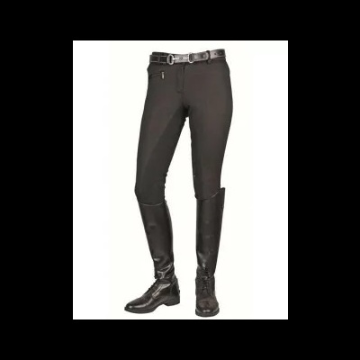 Conjunto de calças de equitação pretas com cinto e botas altas pretas