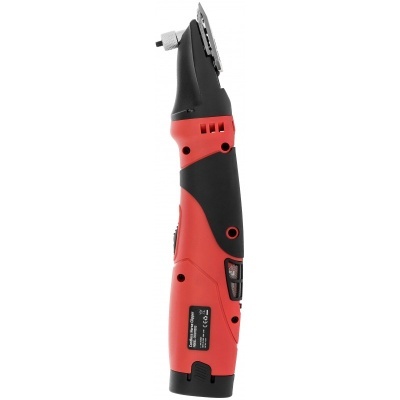 Aparador elétrico sem fio vermelho e preto com etiqueta técnica