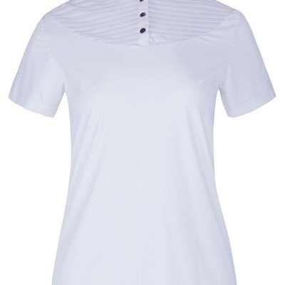 T-shirt branca feminina com gola alta e botões