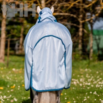 Cavalo vestido com manta branca e contornos azul-escuro num campo verde