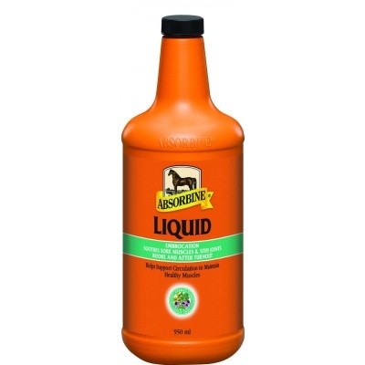 Frasco laranja com rótulo ABSORBBINE LIQUID para massagem