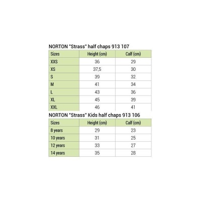 Tabela de tamanhos para half chaps NORTON Strass com medidas para adultos e crianças