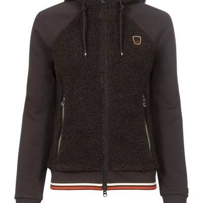 Casaco castanho escuro com capuz e riscas na barra e punhos