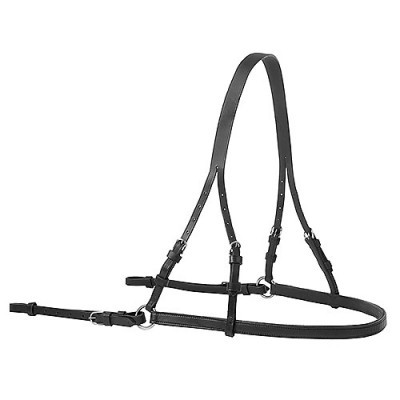 Cabeçada simples para cavalo em couro preto com ferragens prateadas