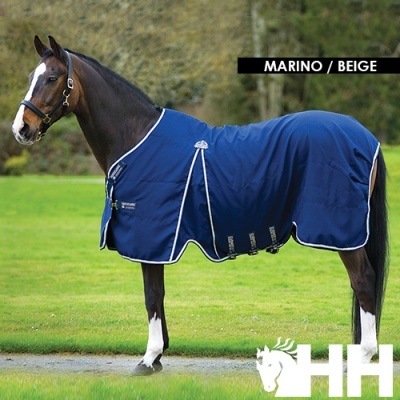Cavalo com manta azul-marinho e detalhes bege em relva