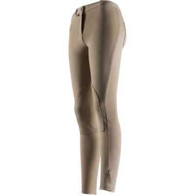 Calças de equitação bege com costuras reforçadas e botão metálico