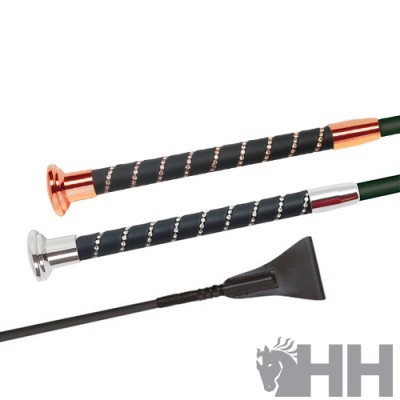 Rédea para cavalo com punhos metálicos cobre e prata e pega preta, com símbolo HH