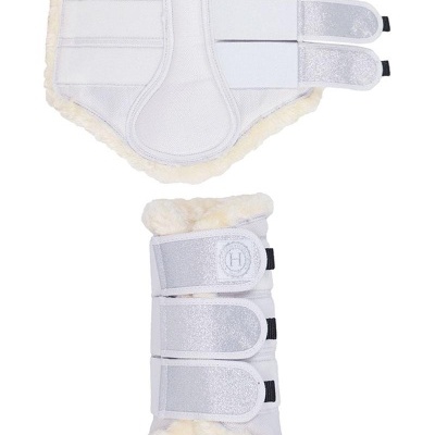 Conjunto de proteção para cavalo branco com tiras prateadas e forro amarelo claro