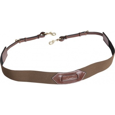 Cinta ajustável em tecido e pele castanha com fechos metálicos dourados