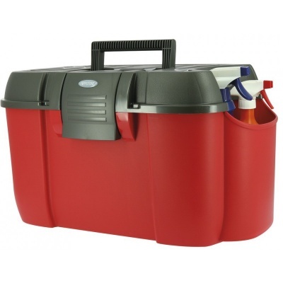 Caixa de ferramentas vermelha com tampa cinzenta e pega preta, com frascos de spray na lateral