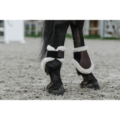 Pernas traseiras de cavalo com proteções em pele sintética branca e tecido castanho em chão de areia