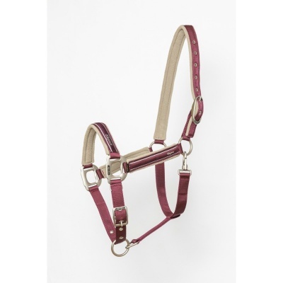 Cabresto de cavalo em nylon bordeaux com acolchoamento bege e fivelas metálicas.