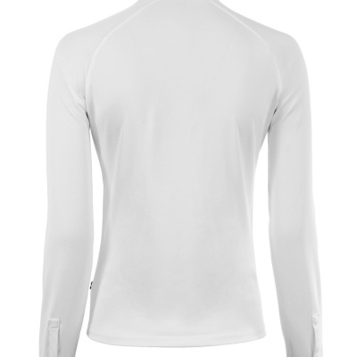 Blusa branca de manga comprida vista de costas com gola alta e etiqueta com texto CAVALLO