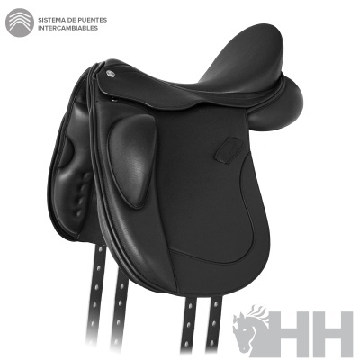 Sela preta de equitação com sistema de puentes intercambiáveis e logotipo HH