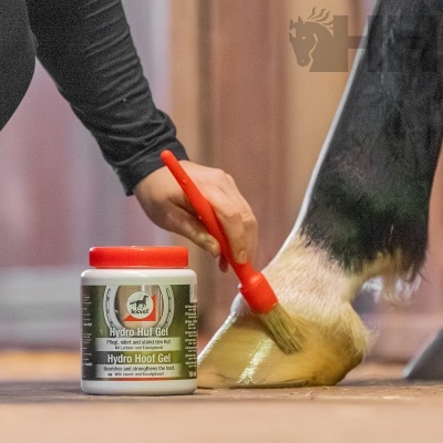 Frasco de creme Hydro Hoof Gel e pincel vermelho a aplicar produto no casco de cavalo