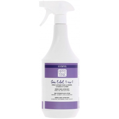Spray branco com rótulo roxo e branco Hippo Tonic para cuidados de cavalos