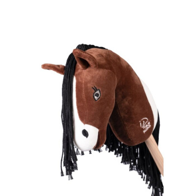 Cabeça de cavalo de brinquedo castanho com crina preta e focinho branco