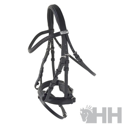 Cabresto de cavalo em couro preto com detalhes metálicos