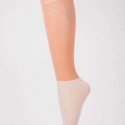 Meia alta salmão e bege com texto HARCOUR