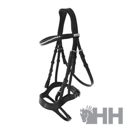 Cabresto preto de pele para cavalo com detalhes metálicos e pedras brilhantes