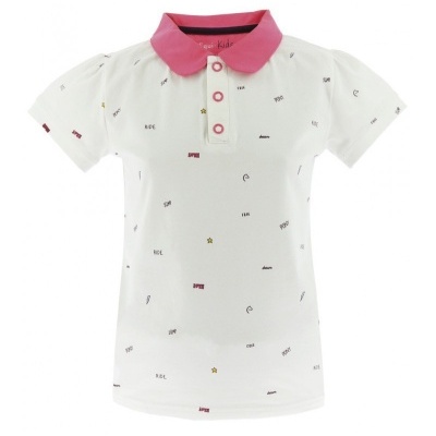 Polo infantil branco com gola rosa e pequenas estampas coloridas
