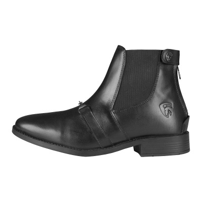 Bota preta de pele com elástico lateral e fecho de zíper na parte de trás