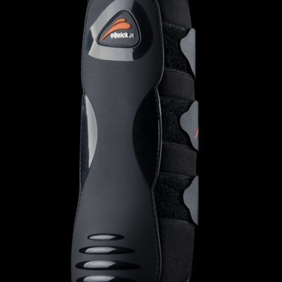 Protector para membro inferior preto e cinzento com logo eQuick.it e fecho de velcro