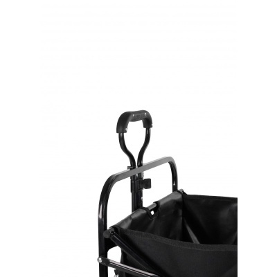 Carrinho de transporte metálico preto com bolsa preta em tecido