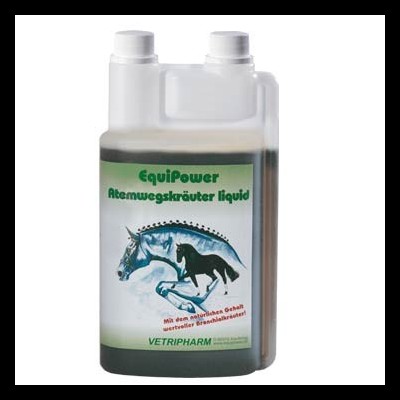 Frasco com líquido EquiPower para cavalos, rótulo verde e branco