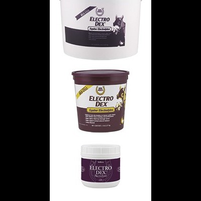 Recipientes de suplemento Electro Dex com etiquetas roxas e brancas e imagens de cavalos