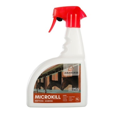 Frasco branco com pulverizador vermelho e rótulo de produto inseticida MICROKILL