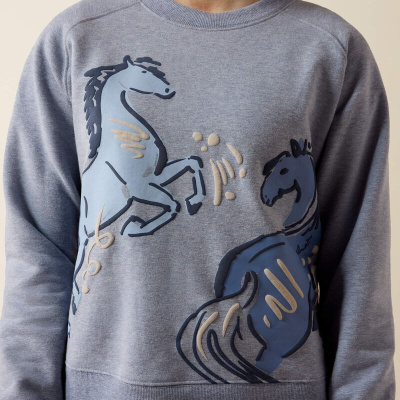 Sweatshirt cinzenta com estampado de cavalos em relevo azul e bege