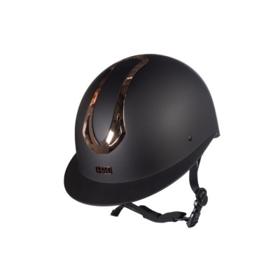 Capacete de equitação preto com detalhes dourados brilhantes e correia preta ajustável
