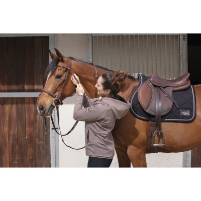 Pessoa ajustando rédea de cavalo castanho com sela castanha e tapete preto em estábulo