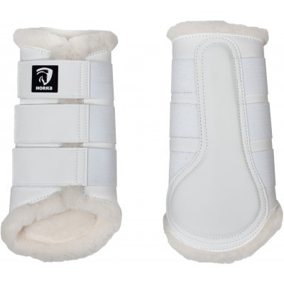 Conjunto de proteções para pernas de cavalo branco com interior em pelúcia e fechos de velcro